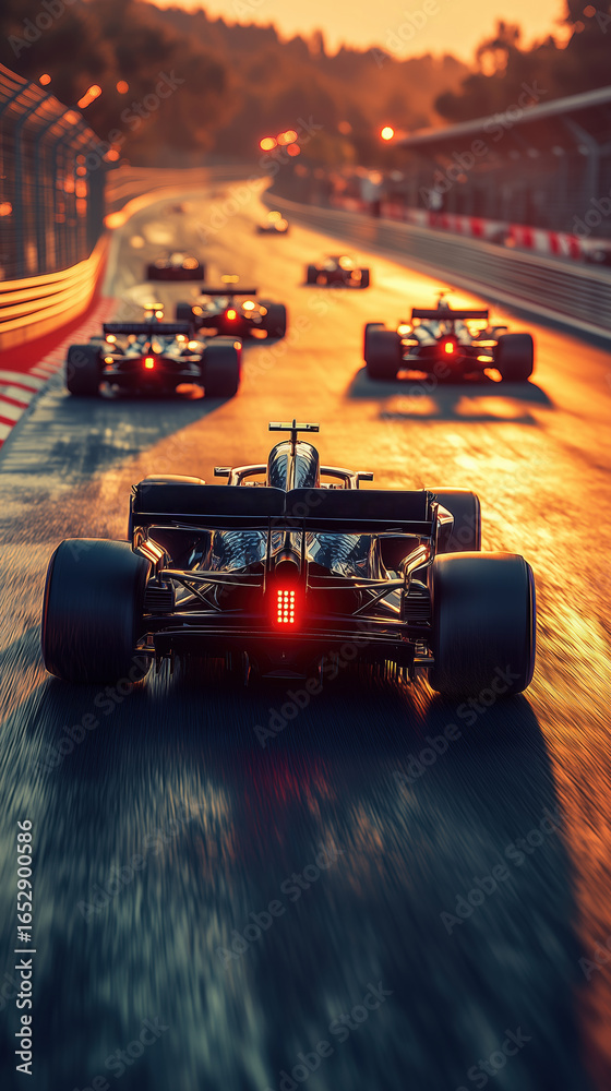 Obraz premium Vertical shot of Formula 1 cars racing on a track during golden hour, with warm light reflecting off the asphalt and the cars' dark bodies.