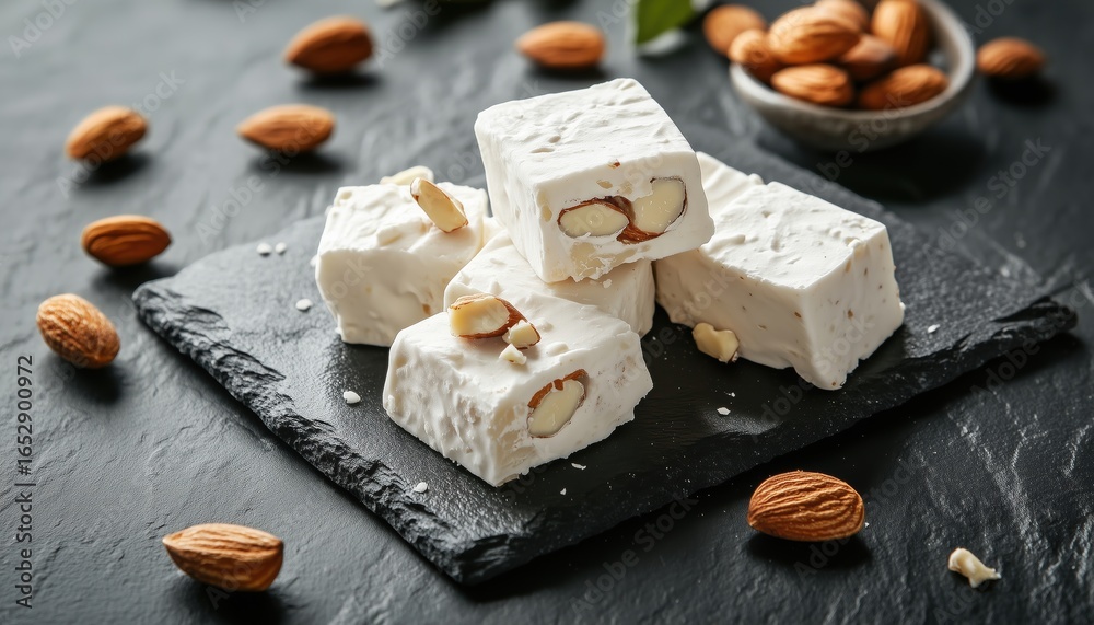 Fototapeta premium Delicious Almond Nougat On A Dark Stone Surface, Accompanied By Chunks Of Vanilla Nougat. Tantalizing Treat For The Taste Buds.