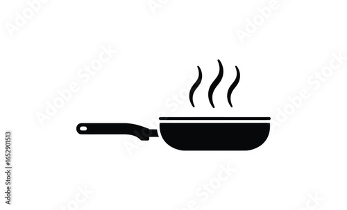 Vector art of black frying pan with rising steam isolated on white background, a versatile kitchen tool for cooking delicious meals, symbolizing culinary arts and the joy of homemade food