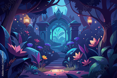 Enchanting magical forest path illuminated by glowing lanterns leading to an ancient mystical gateway, captivating fantasy landscape.