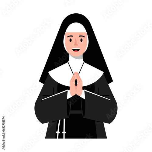 A smiling cartoon nun in a traditional black habit with her hands clasped together in a gesture of prayer.