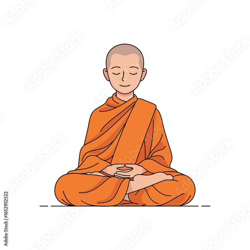 Illustration of a Buddhist monk in orange robes, meditating in the lotus position with eyes closed.