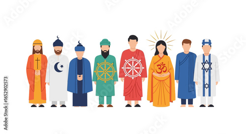Diverse group of people representing various world religions in traditional attire, symbolizing interfaith harmony and cultural diversity.