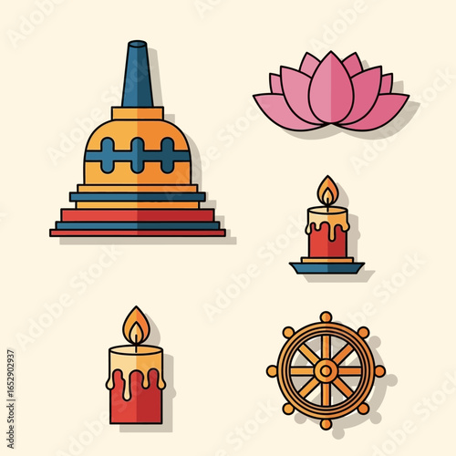 A collection of colorful Buddhist symbols, including a stupa, lotus flower, candles, and the Dharma wheel.