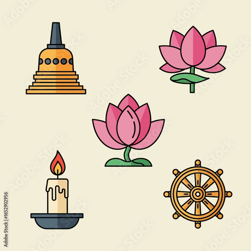 Buddhist symbols: stupa, lotus flowers, candle, dharma wheel, representing faith and spirituality.