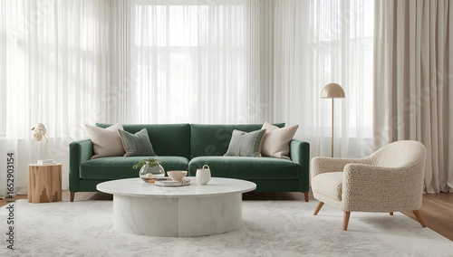Modern Living Room Interior with Green Sofa and Cozy Armchair
