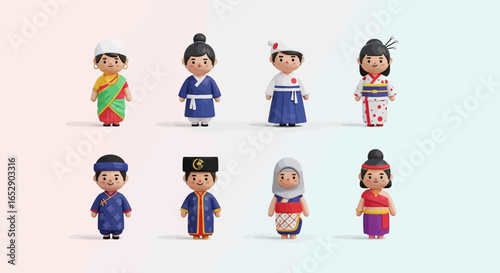 Eight 3D rendered dolls in traditional cultural clothing.