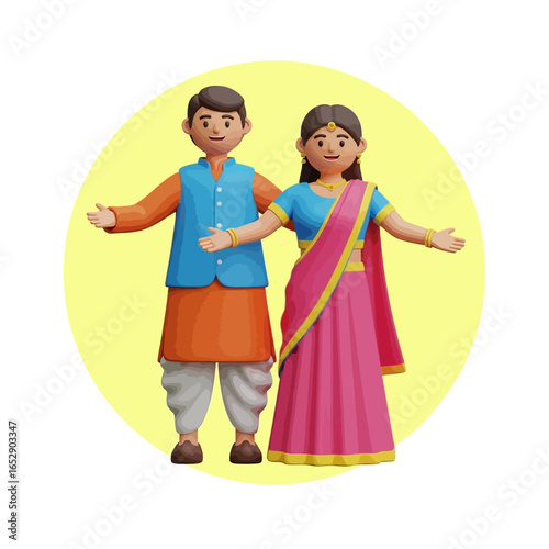 3D rendered illustration of an Indian couple in traditional attire, welcoming with open arms.