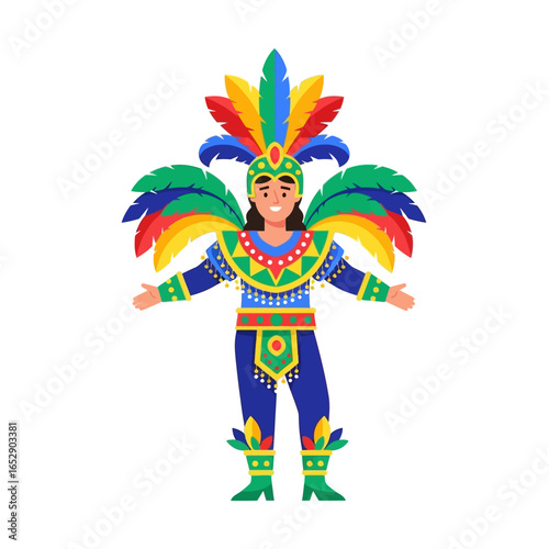 A man in a vibrant, colorful carnival costume with a large feather headdress and ornate detailing.