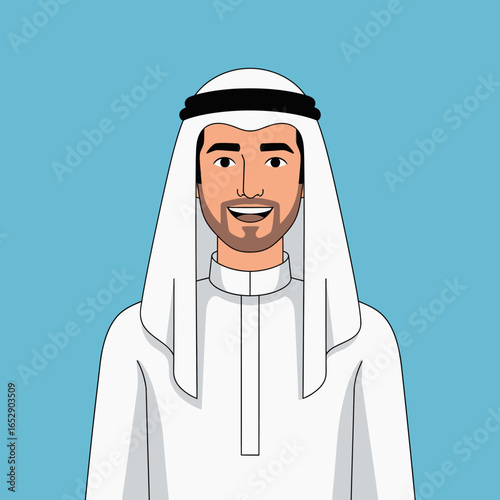 Illustration of a man wearing traditional Arab clothing, including a keffiyeh and thobe.