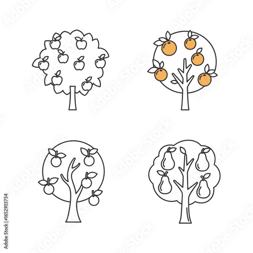 Simple line drawings of four fruit trees: apple, orange, apple, and pear.