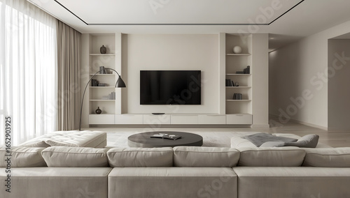 Modern Minimalist Living Room with TV and Neutral Interior Design
