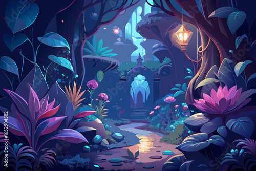 Enchanting fantasy forest glade bathed in mystical twilight glow with ancient ruins and glowing flora creating a serene, magical ambiance perfect for storytelling or game design.