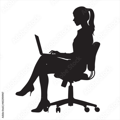 Silhouette of a Woman Sitting on Office Chair with Laptop Working - Vector Illustration