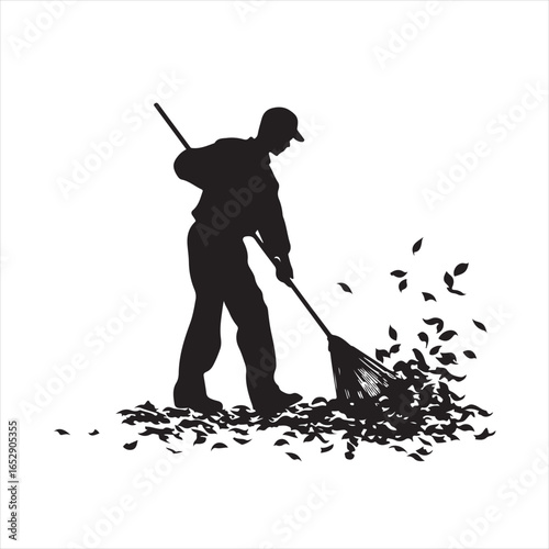 Black Silhouette Janitor Sweeping Autumn Leaves Outdoors - vector illustration