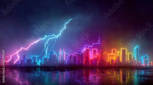 Neon Cityscape: Vibrant Night Skyline with Electric Lightning