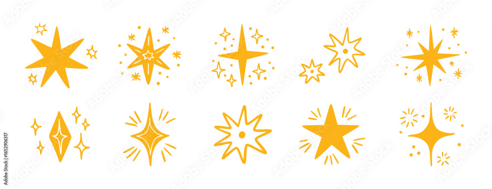 Boho doodle cute hand drawn yellow star set. Star element gold magic symbol decoration collection Boho doodle cute hand drawn yellow star set. Star element gold magic symbol decoration collection