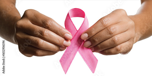 Woman hands holding pink ribbon over transparent white background, breast cancer awareness, cancer awareness day