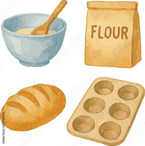 Collection of watercolor painted vector baking stuff such as flour, forms, bread, bowl with dough