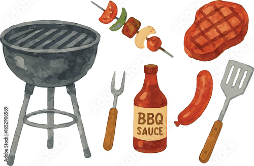 Collection of watercolor painted vector bbq grilling stuff