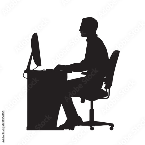 Silhouette of a Man Working at a Desk with Computer – Vector Illustration
