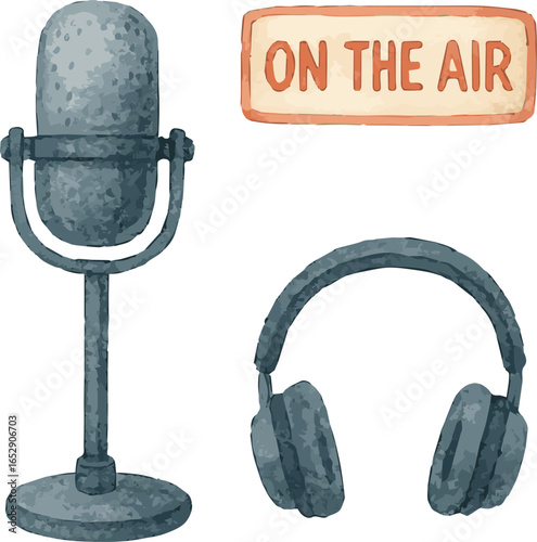 Collection of watercolor painted vector podcast recording stuff