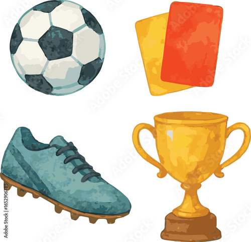 Collection of watercolor painted vector soccer football stuff such as ball,  trainers, referee cards and trophy
