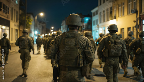 Fototapeta Naklejka Na Ścianę i Meble -  Soldiers march in formation down city street at night. Troops wear helmets, tactical gear, backs to camera, emphasizing anonymity, sense of mission. Urban environment with illuminated buildings