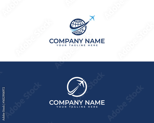 Modern global travel agency logo design with airplane and globe