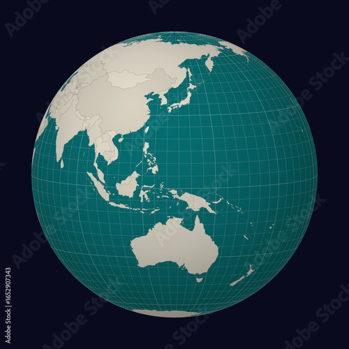 Republic of Palau on the map. Globe centered to Palau. Country location on the world map. Teal Pale Mint color palette. Globe with countries, meridians and parallels. Beautiful vector illustration.
