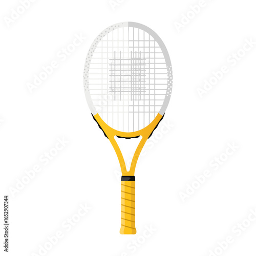 Tennis Racket Close-up: Modern Sports Equipment with Yellow Accents on White Background