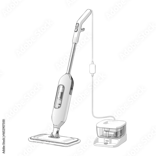 Illustration of a steam mop appliance, modern cleaning equipment for home sanitation and hygiene enhancement using hot steam 150 characters