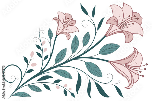 Delicate pink lilies bloom gracefully with elegant teal leaves and swirling vines, creating a sophisticated floral flourish perfect for refined design projects and botanical themes.