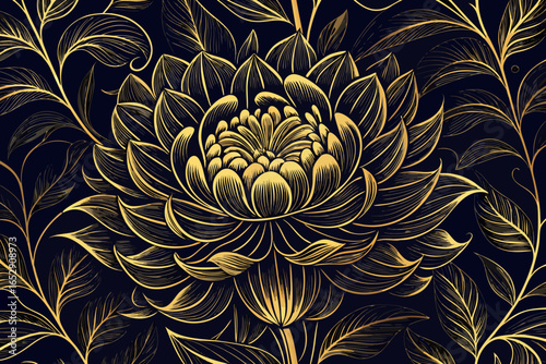 Luxurious golden floral pattern with intricate swirling leaves and a central blooming flower, evoking elegance and sophistication for premium design applications.