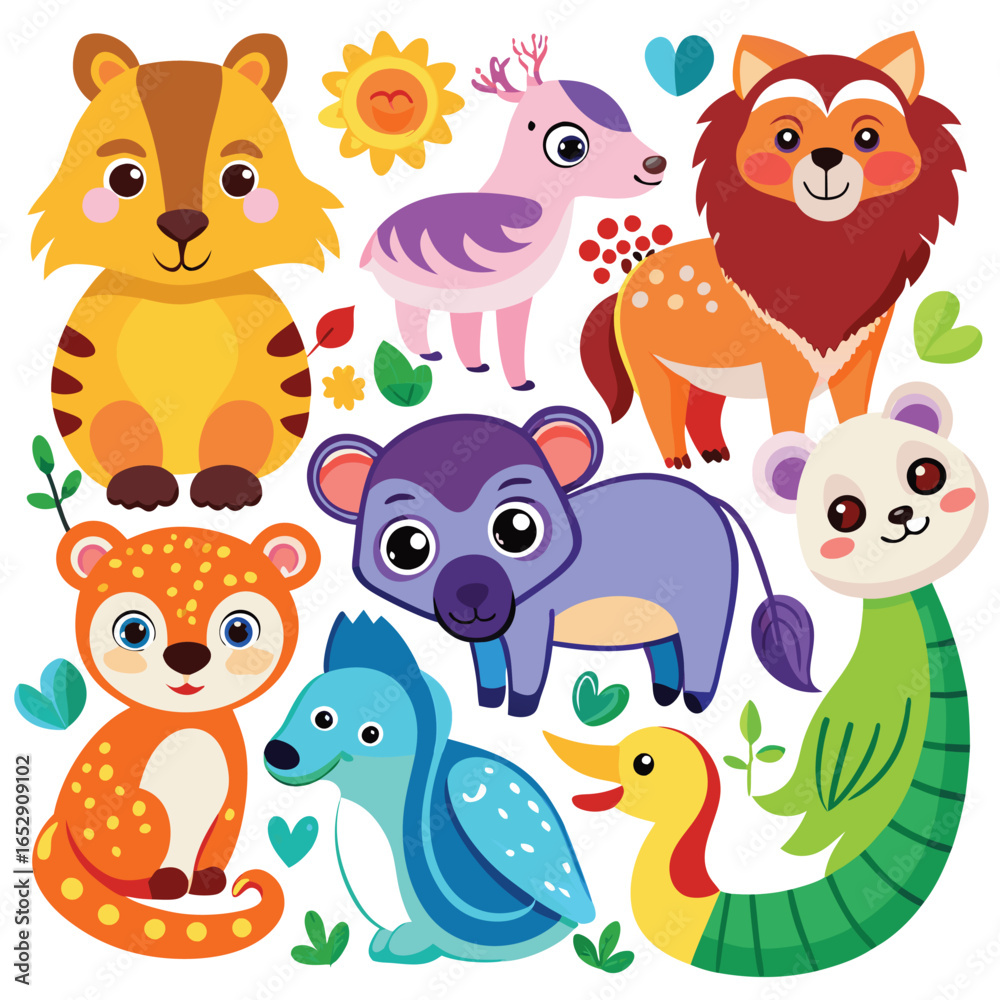 Naklejka premium Cute Animal Illustrations: Cartoon Wildlife Collection for Design Projects
