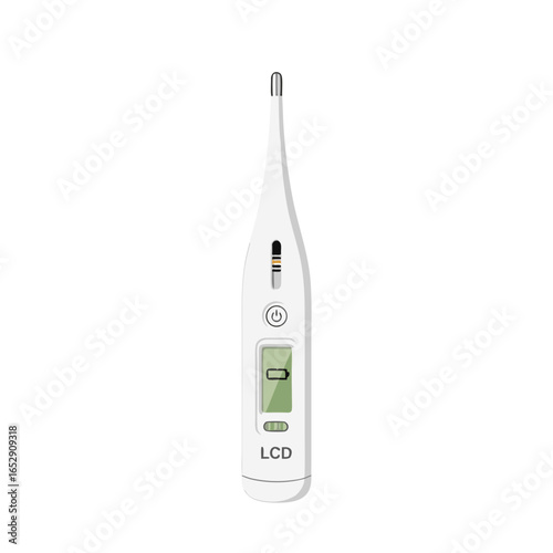 Digital thermometer on a white backdrop to measure body temperature for medical or health tracking needs for illness 85 characters