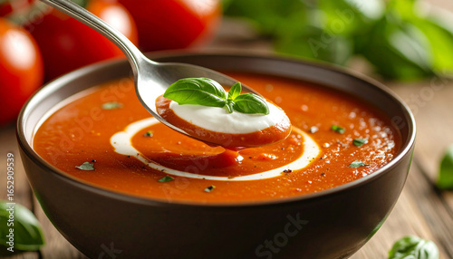 Delicious hot tomato soup in a brown bowl with a swirl of cream and fresh basil leaves, served on a rustic wooden table.