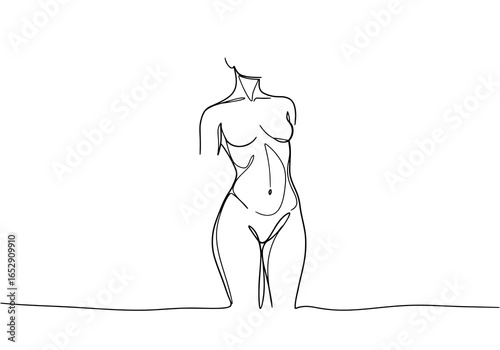 Minimalist continuous line drawing of a female torso