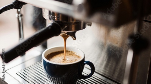 Bild auf Leinwand Photo of a modern espresso machine brewing coffee into a ceramic cup