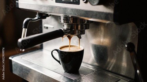 Photos Photo of a modern espresso machine brewing coffee into a ceramic cup