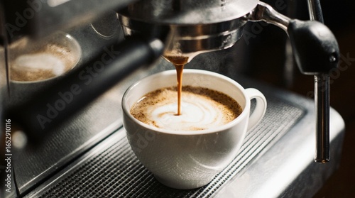 Photos Photo of a modern espresso machine brewing coffee into a ceramic cup