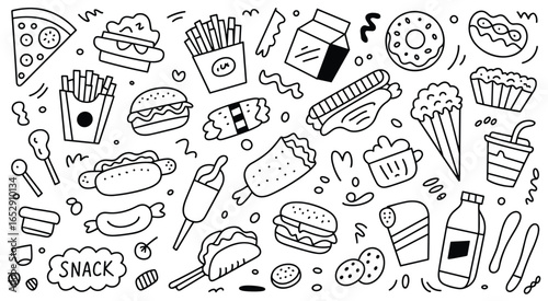 Black and white doodle illustration of various fast food items and snacks vector