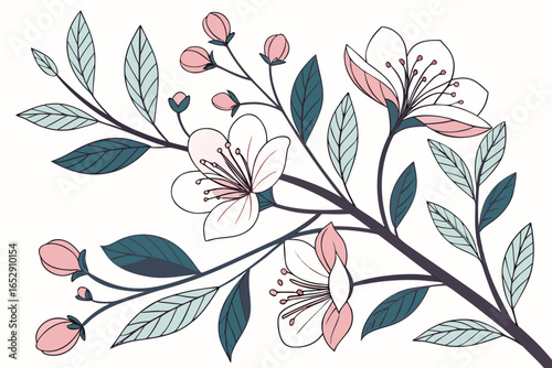 Delicate cherry blossoms bloom with soft pink petals and elegant green leaves adorning dark branches, evoking spring's gentle beauty and natural renewal.