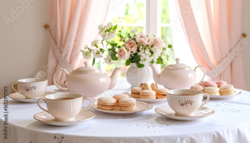 Wallpaper Mural Elegant Tea Party with Pink Teaware, Macarons, and Floral Centerpiece in a Bright Setting Torontodigital.ca
