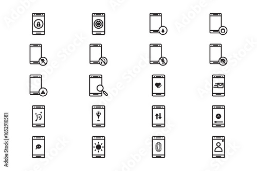 mobile phone icons set. Line icons for smartphone apps: security, settings, alerts, sync, and messages.