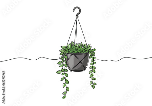 Single line drawing of a hanging potted plant with cascading green leaves