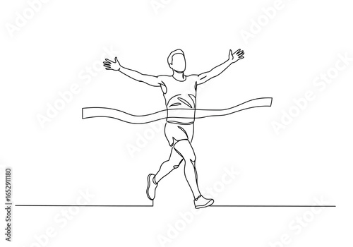 Runner crossing the finish line with arms raised in victory