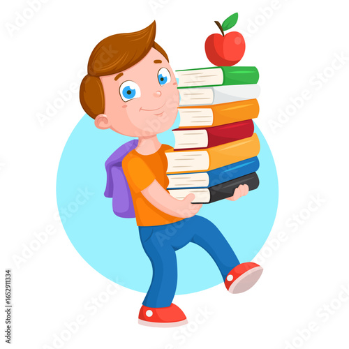 Cartoon Boy Carrying Books with Apple on Top