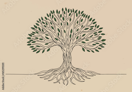Stylized illustration of a tree with visible roots and green leaves