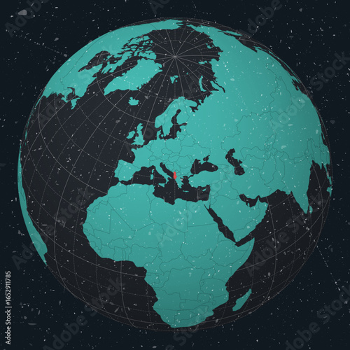 Albania on Globe. Vintage look with grunge scratched texture. Country view on world map in Dark Charcoal Turquoise color palette. Albania shape on map. Globe with meridians and parallels.